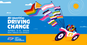 Conference theme art: A dune buggy on the beach towing various pride flags.